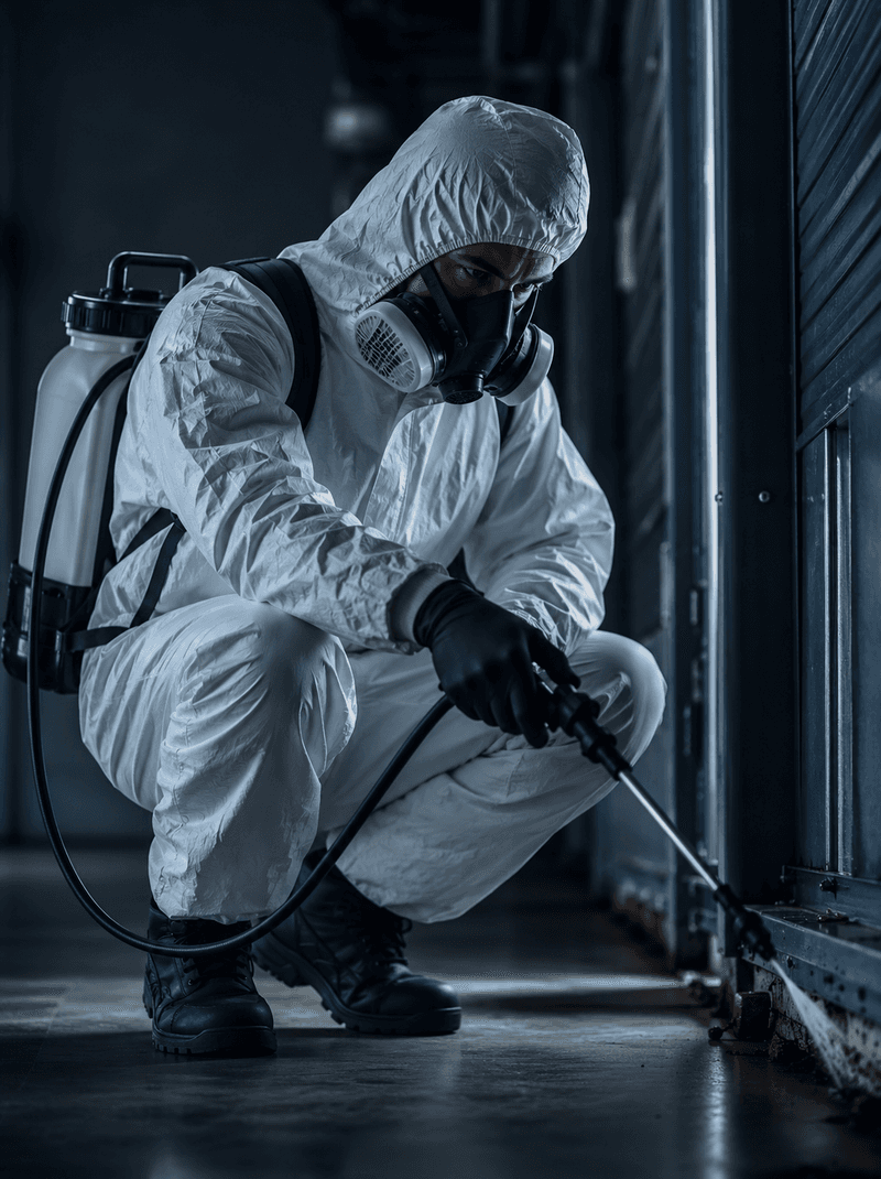 Technicien Antinox en combinaison et masque respiratoire, traitement en pied de mur